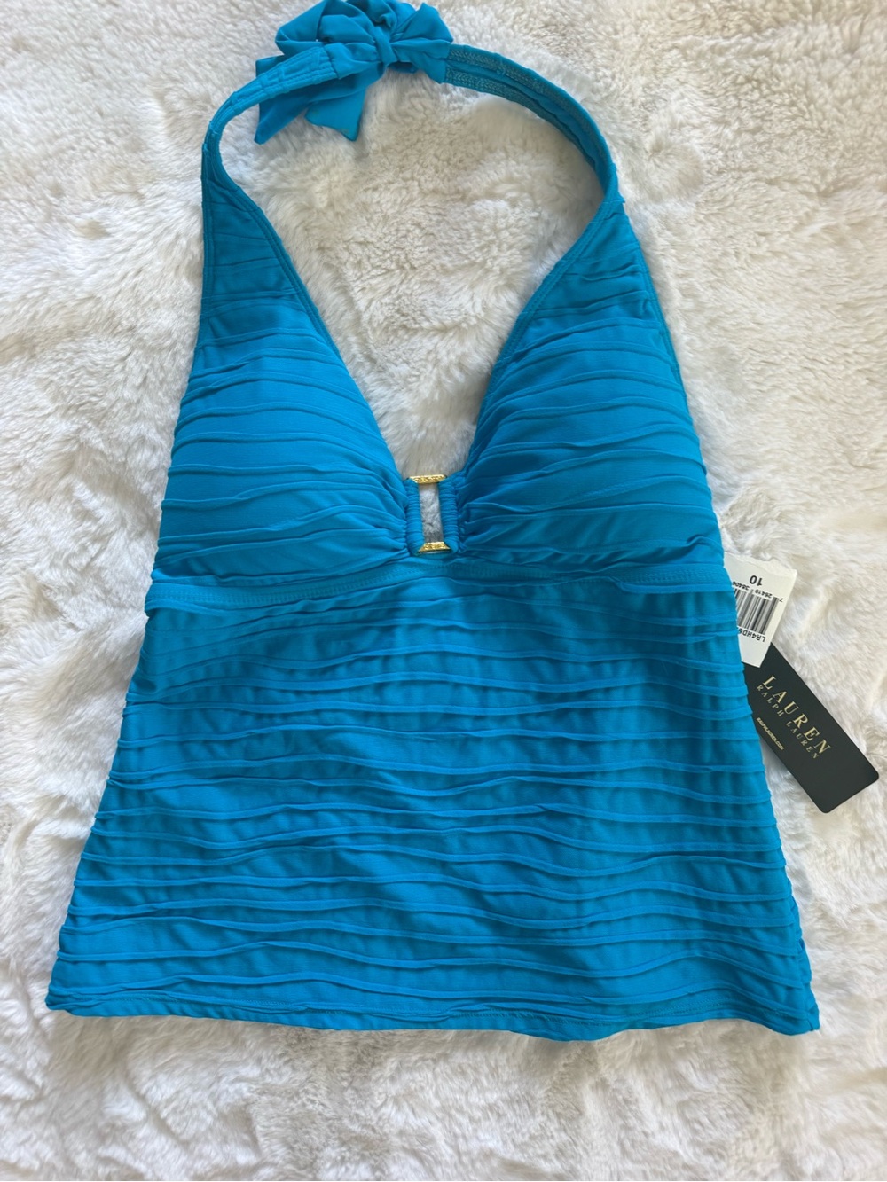 NWT Lauren Ralph Lauren Turquoise Textured O-Ring Halter Tankini Top